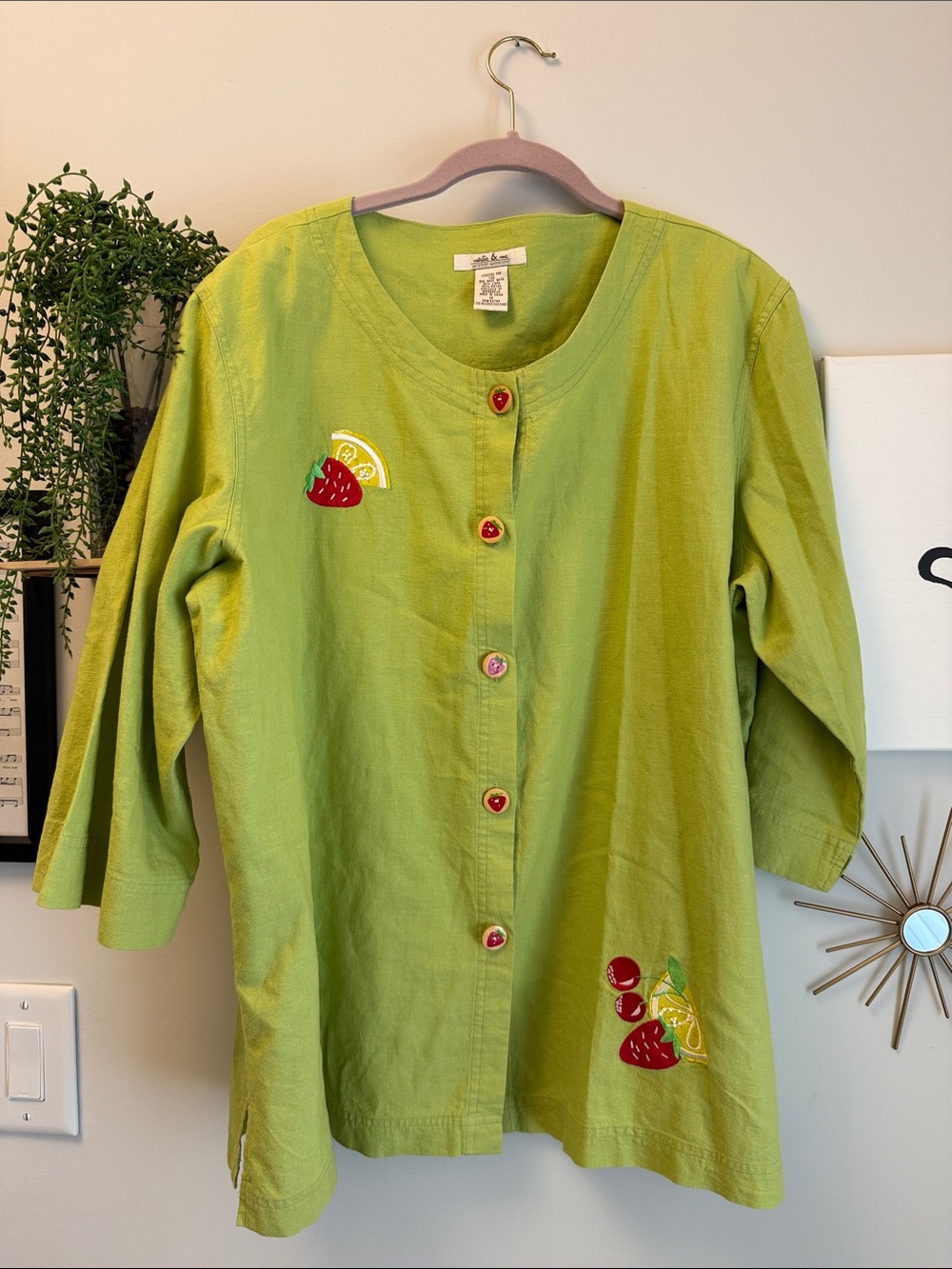 Plus Size Linen Blouse in Lime Green with Embroidered Fruit